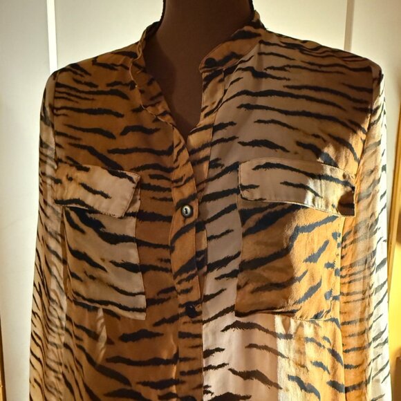 Forever 21 Tiger Print Sheer Button Up Blouse Long Sleeve Size S - Picture 3 of 10
